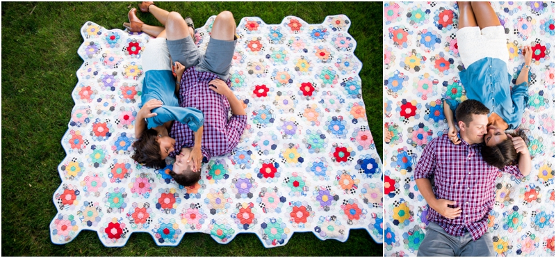 Indianapolis, IN engagement photos picnic with a colorful vintage quilt 