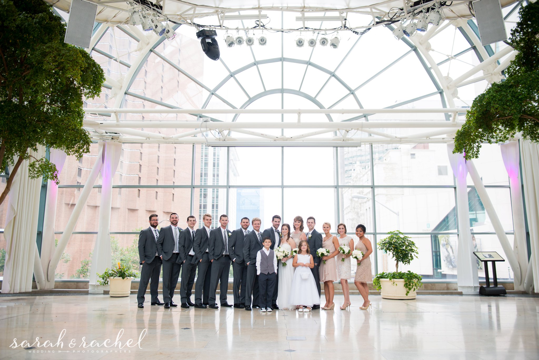 indianapolis arts garden wedding large bridal party great suits and gold dresses