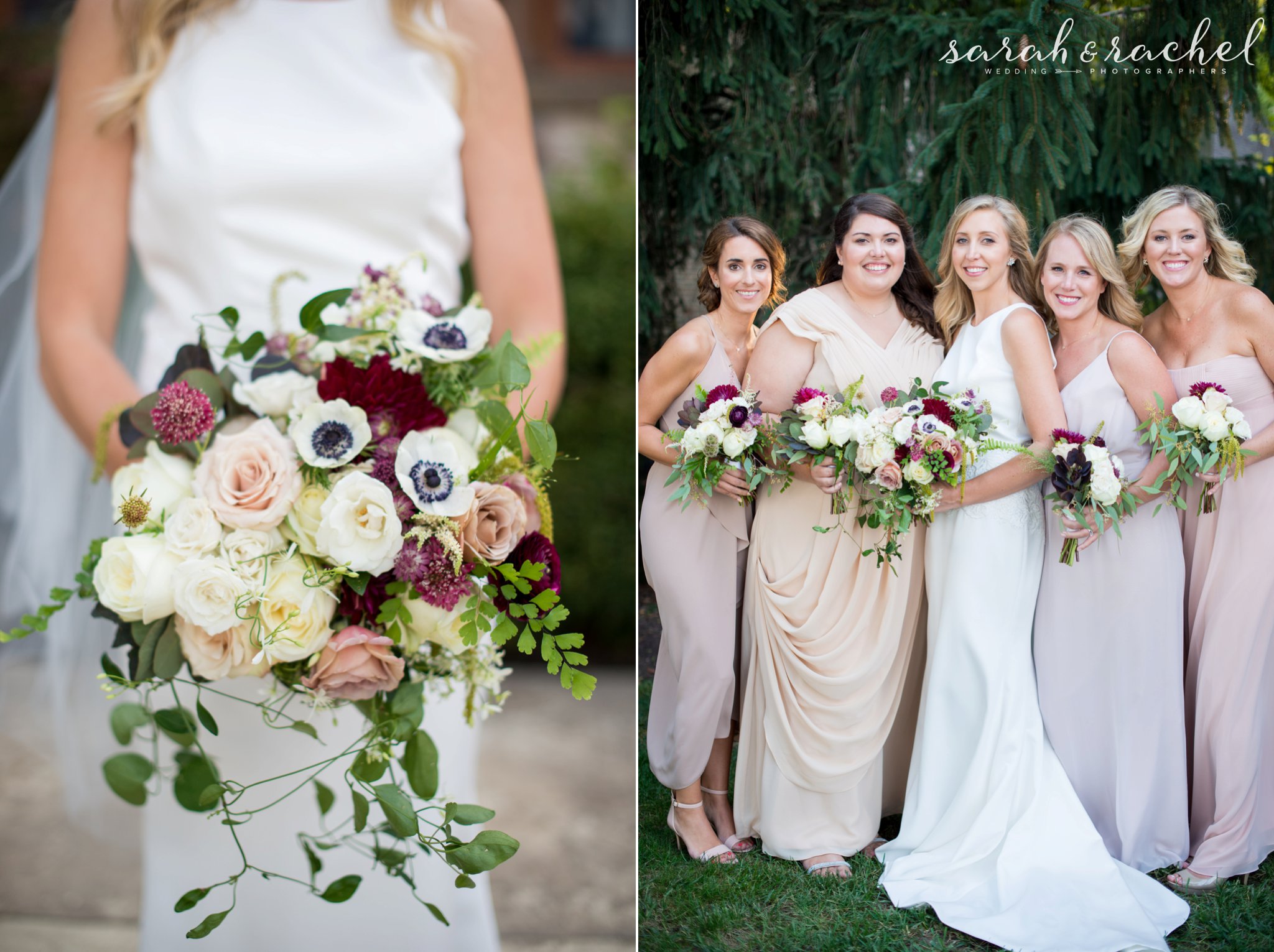 bridesmaids in blush and anenome bouquet