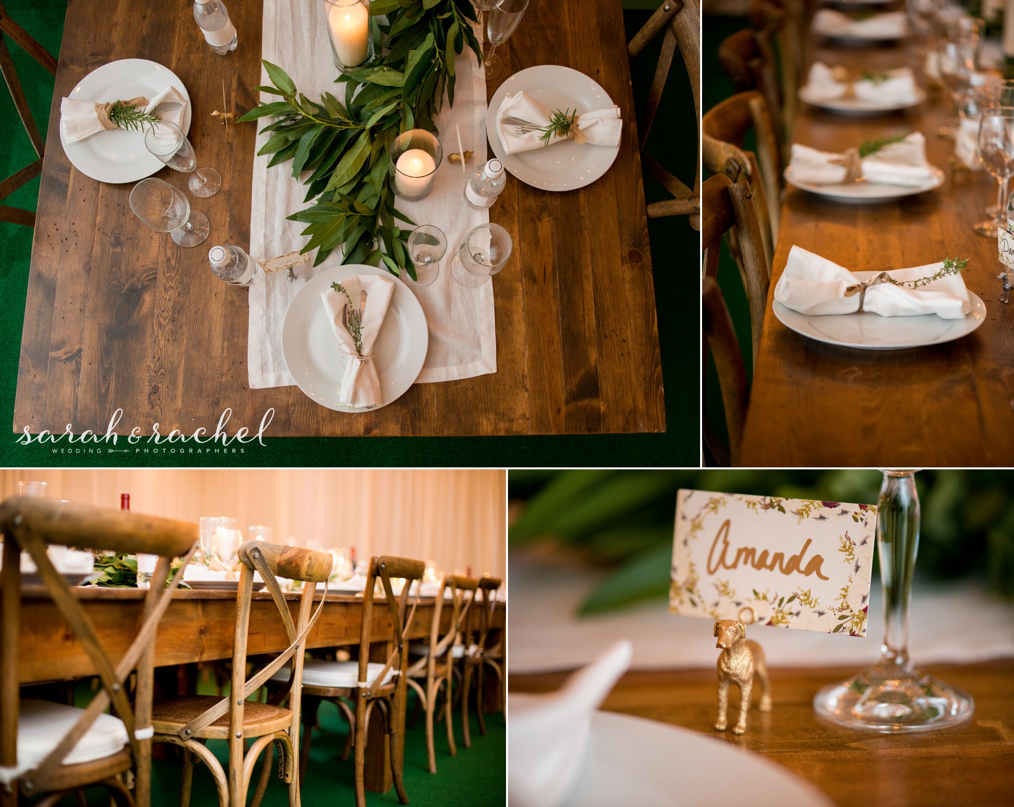 gorgeous barn wood tables wedding reception greenery and dog statue name cards