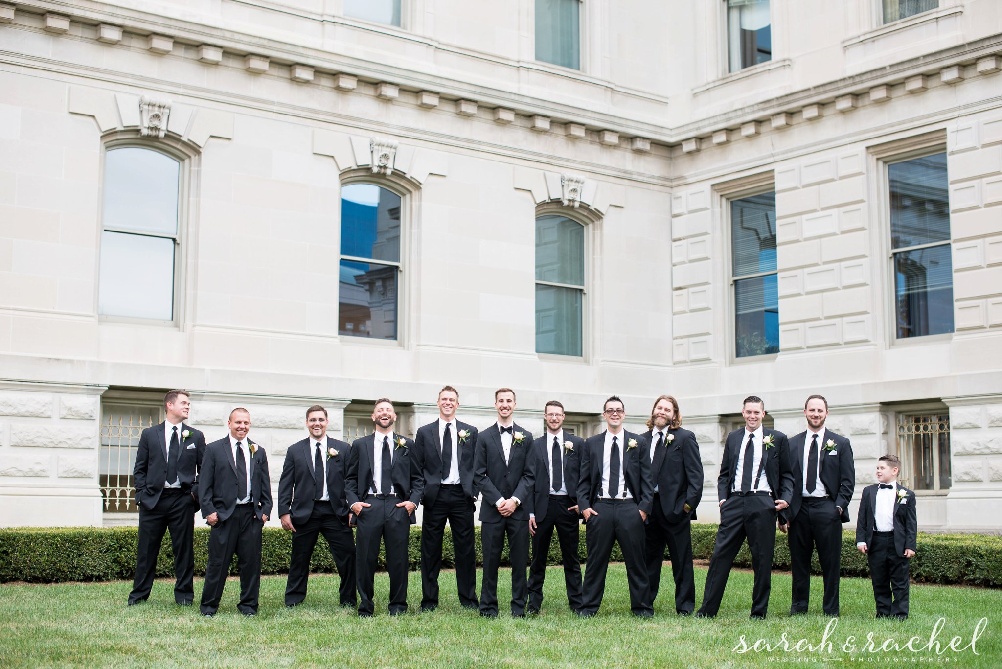 Indiana Statehouse wedding | groomsmen in black tuxedos