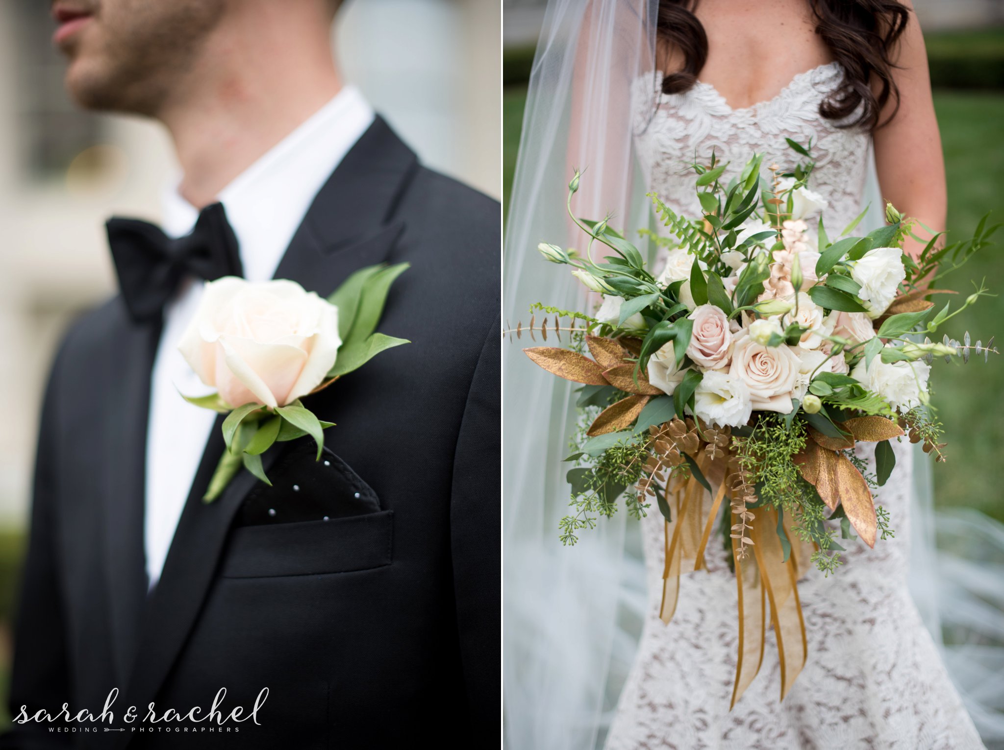 Indiana Statehouse wedding | groomsmen in black tuxedos | Gold wedding details | green and gold bouquet