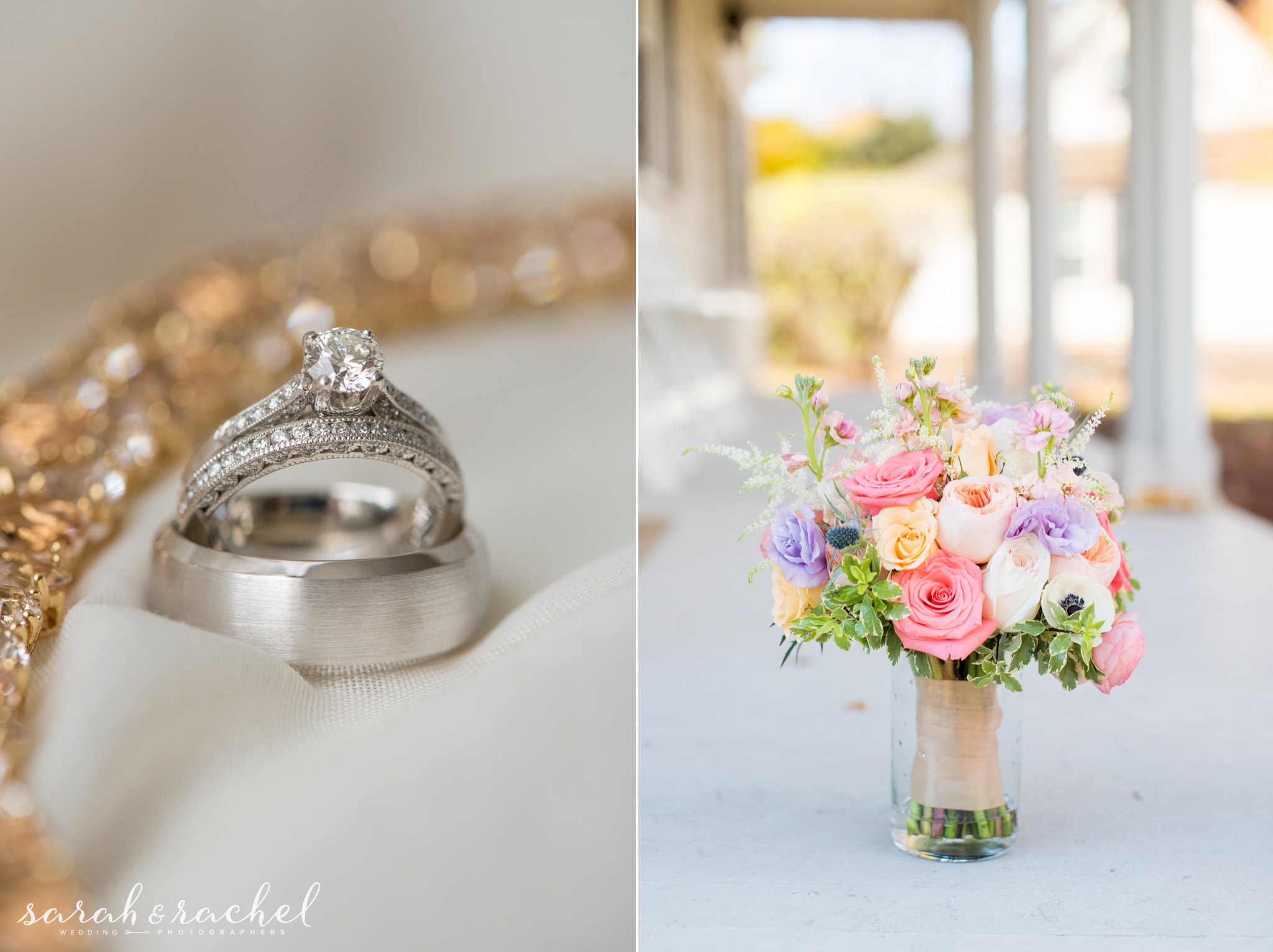 Gold Wedding Details | Pink, yellow, and purple wedding bouquet | Dearborn Inn Wedding | Detroit Michigan | Sarah and Rachel Wedding Photographers