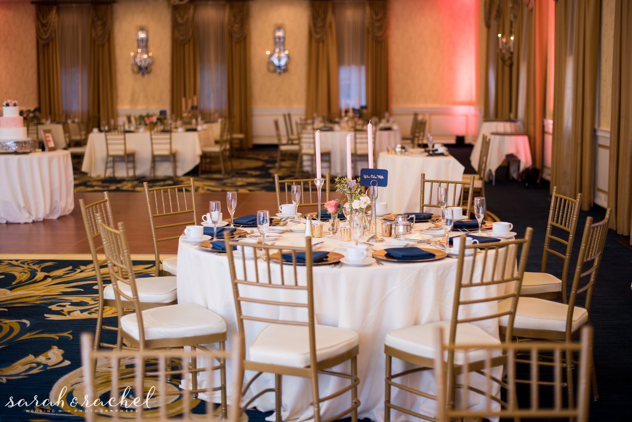 Gold and Navy wedding reception | Gold Chivari Chairs | Blush and navy wedding decor | Dearborn Inn Wedding | Detroit Michigan | Sarah and Rachel Wedding Photographers