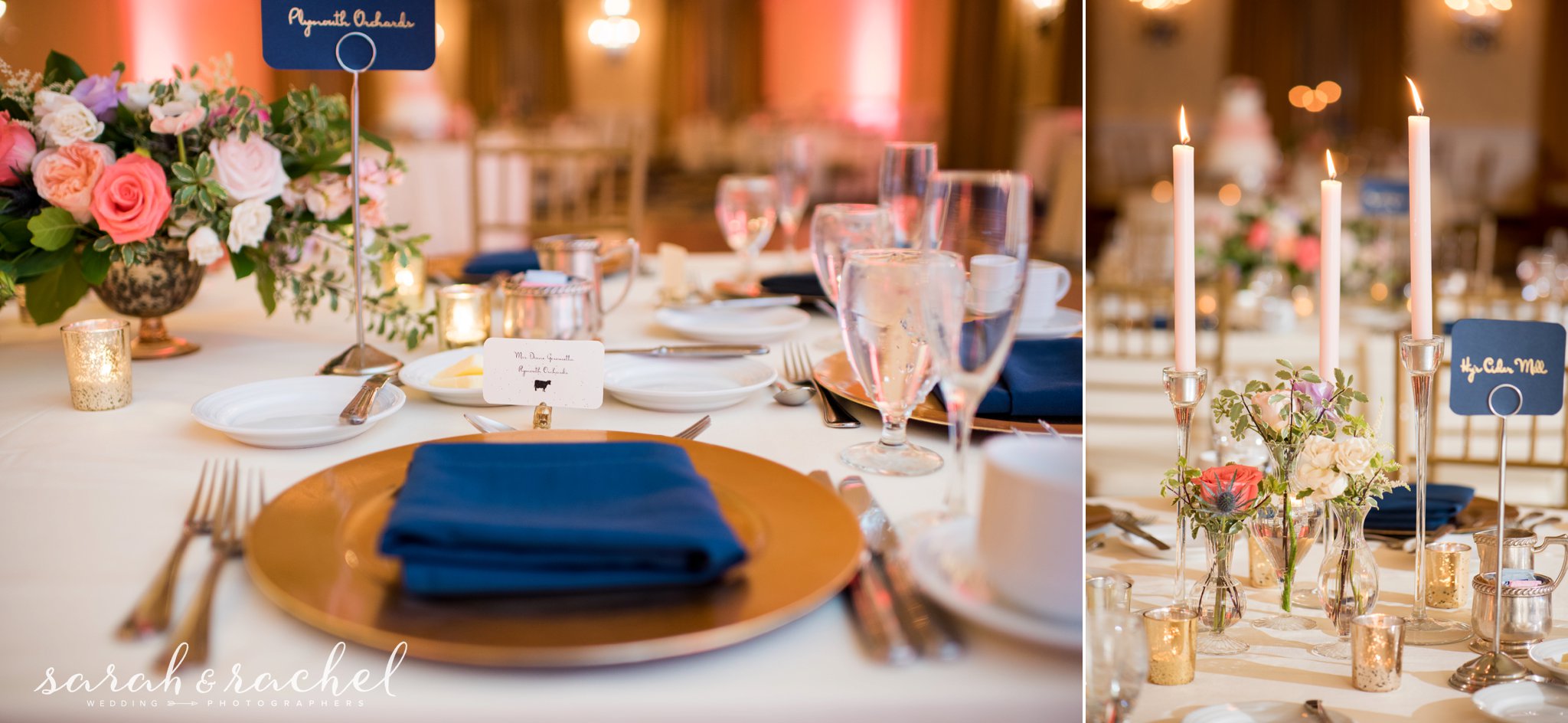 Gold and Navy wedding reception | Gold Chivari Chairs | Blush and navy wedding decor | Dearborn Inn Wedding | Detroit Michigan | Sarah and Rachel Wedding Photographers