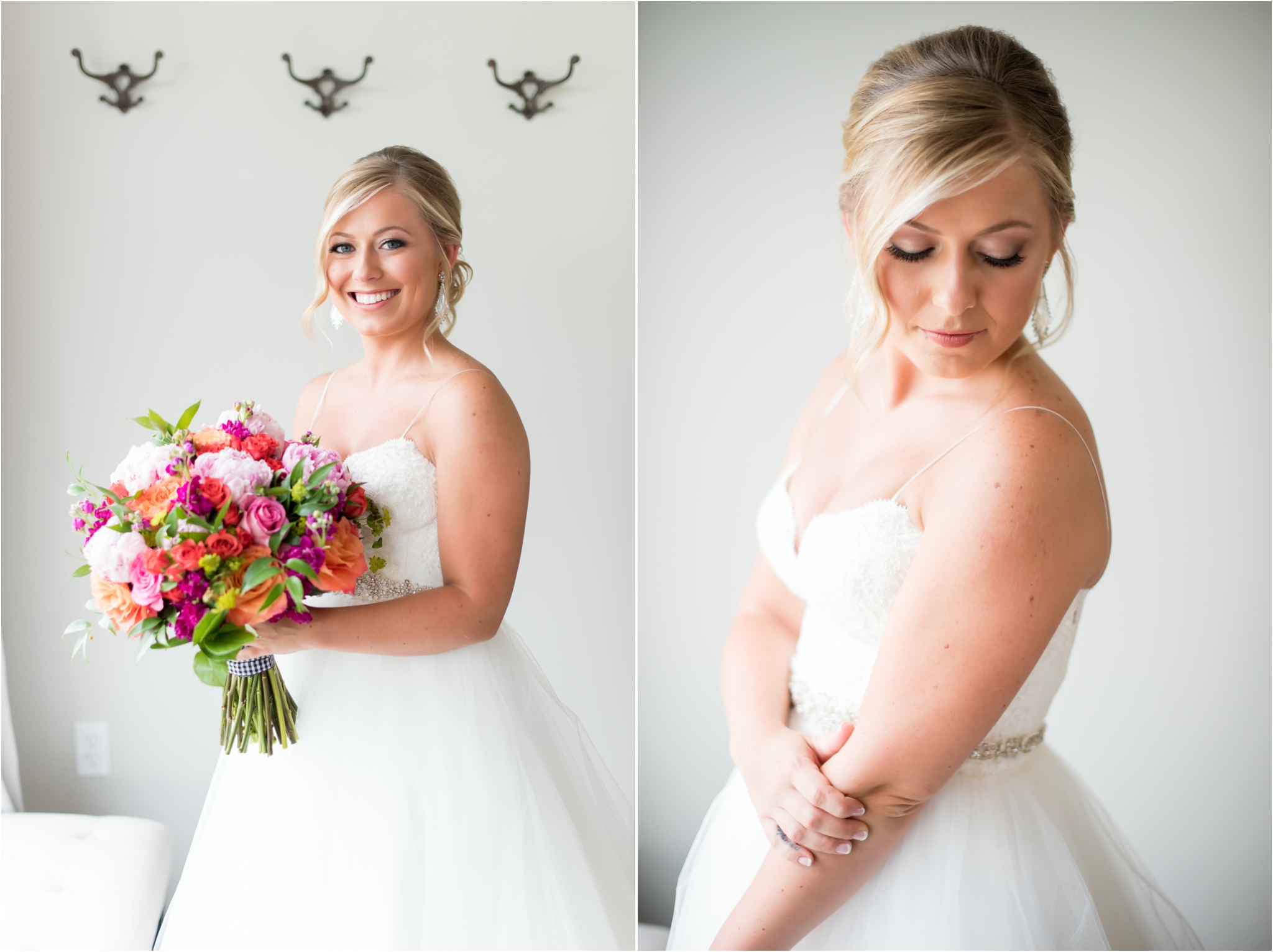 The Barn on Boundary Wedding |Sarah & Rachel Wedding Photographers | Muncie, IN | pink peonies | bright wedding bouquet | spaghetti strap wedding dress