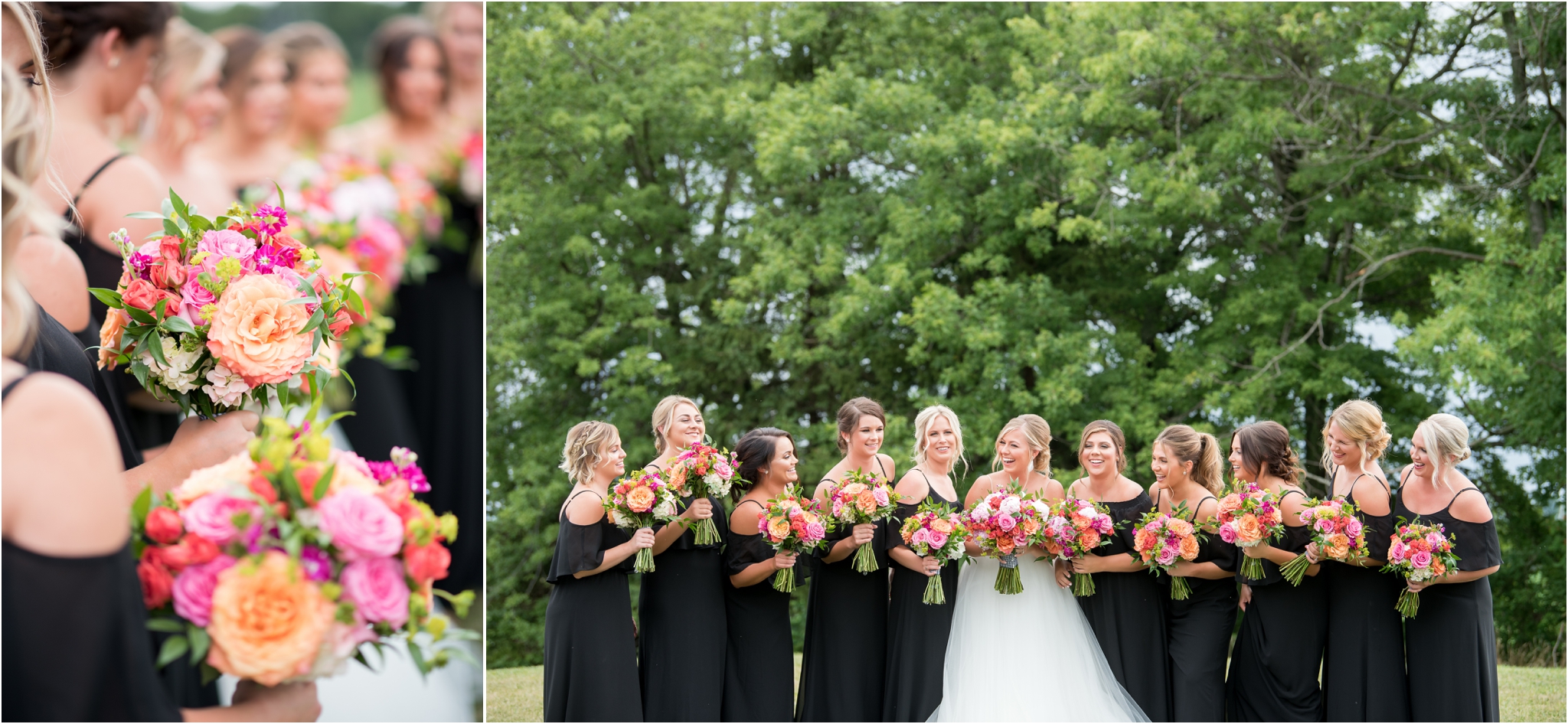 The Barn on Boundary Wedding |Sarah & Rachel Wedding Photographers | Muncie, IN | pink peonies | bright wedding bouquet | spaghetti strap wedding dress | black bridesmaids dresses | large bridal party