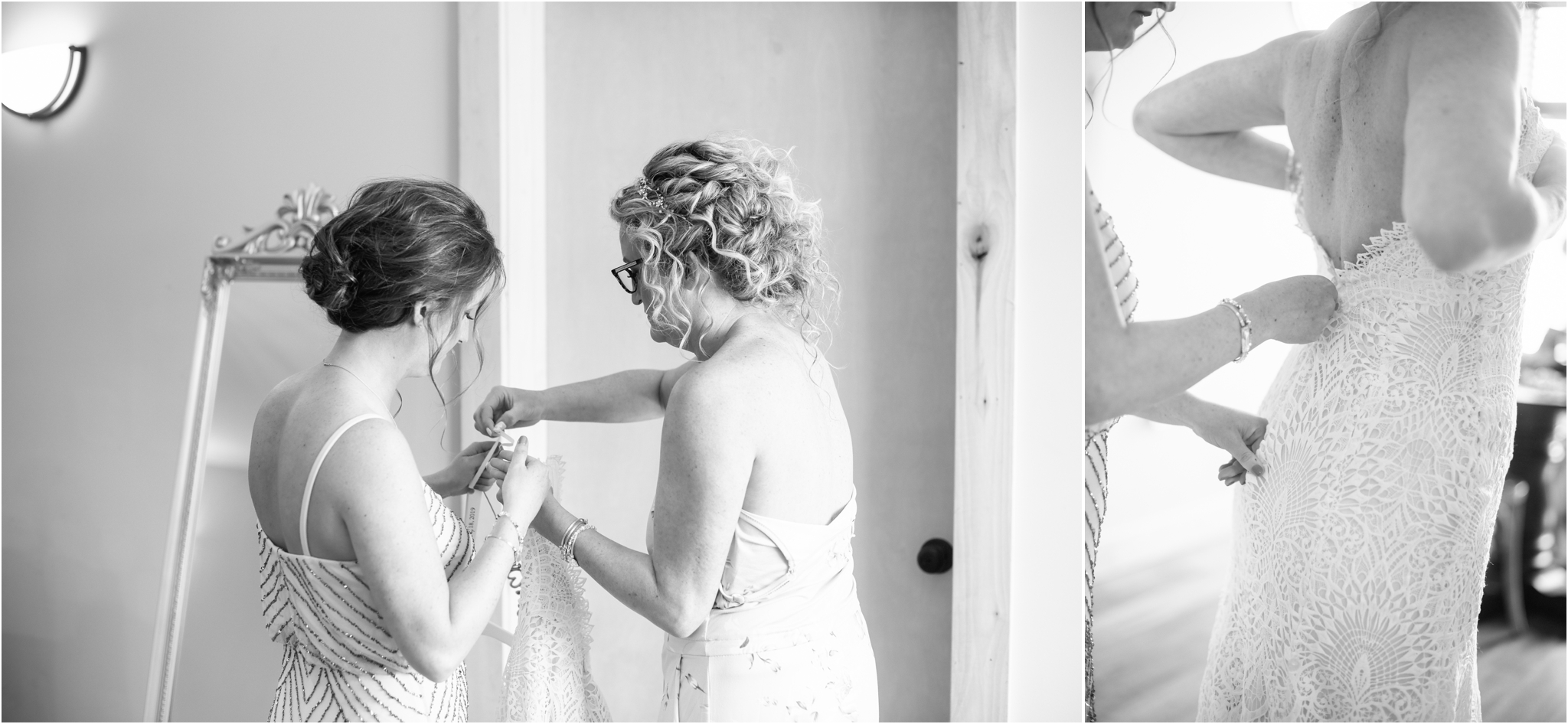 Lindley Farmstead at Chatham Hills | Sarah and Rachel Wedding Photographers | Westfield, Indiana wedding | getting ready beautiful lace gown