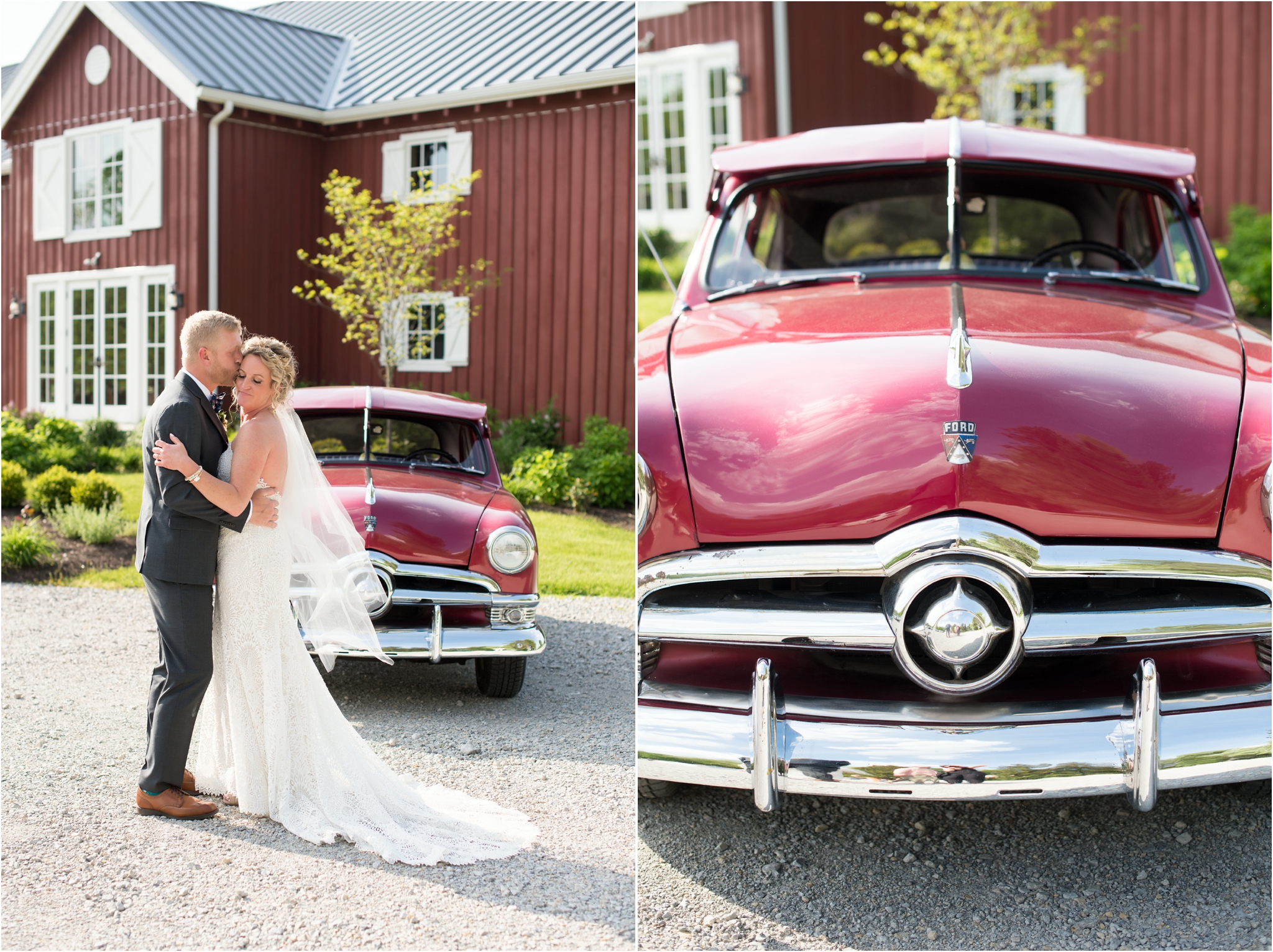 Lindley Farmstead at Chatham Hills | Sarah and Rachel Wedding Photographers | Westfield, Indiana wedding | red vintage car