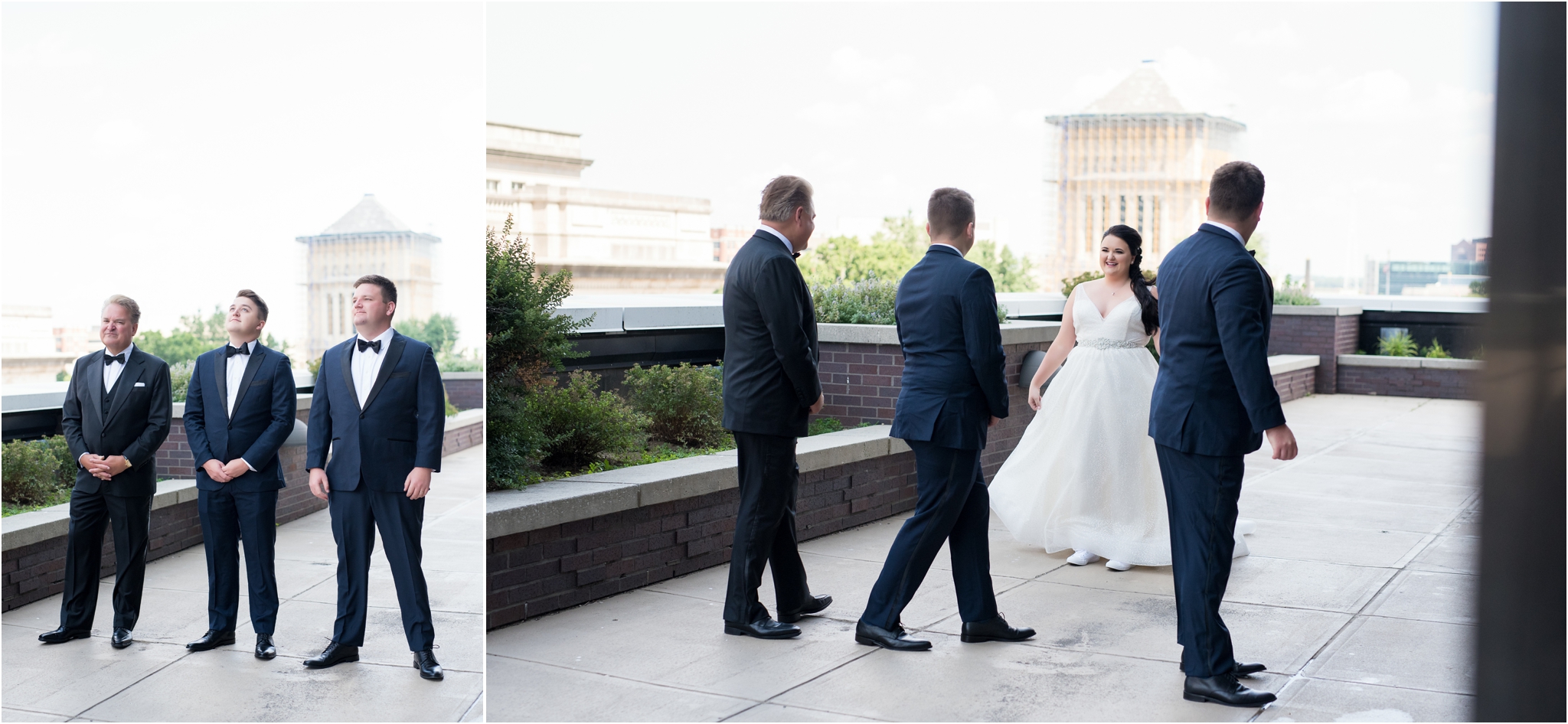 Regions Tower Wedding | Sarah and Rachel Wedding Photographers | Indianapolis, IN | First Look with Dad and Brothers