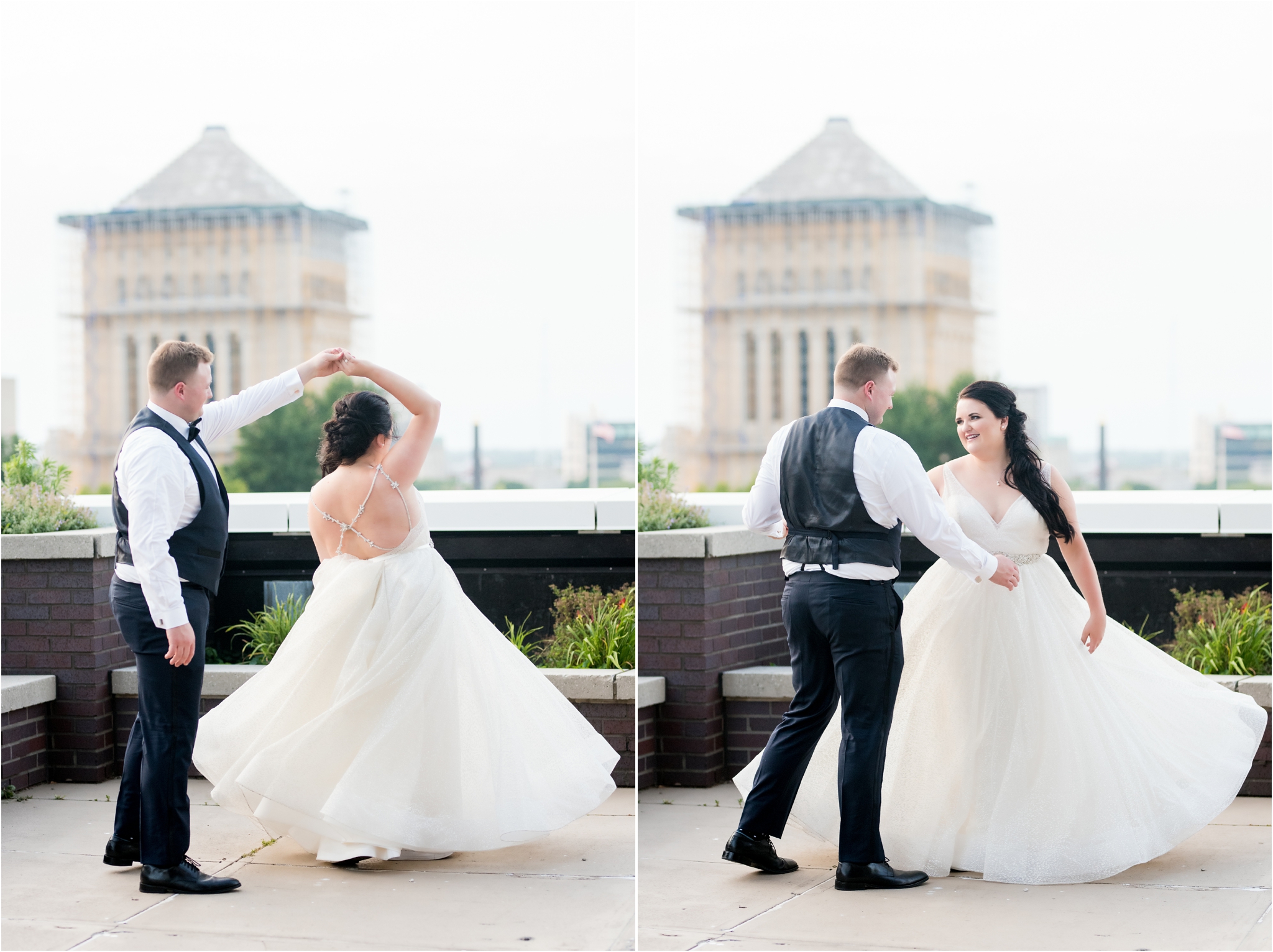 Regions Tower | Sarah and Rachel Wedding Photographers | Indianapolis, IN | Rooftop Sunset Photos