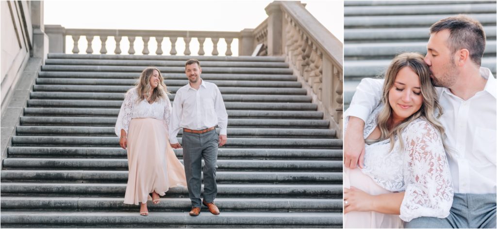 Couple at Indianapolis War Memorial for a beautiful Sunset Engagement Session
