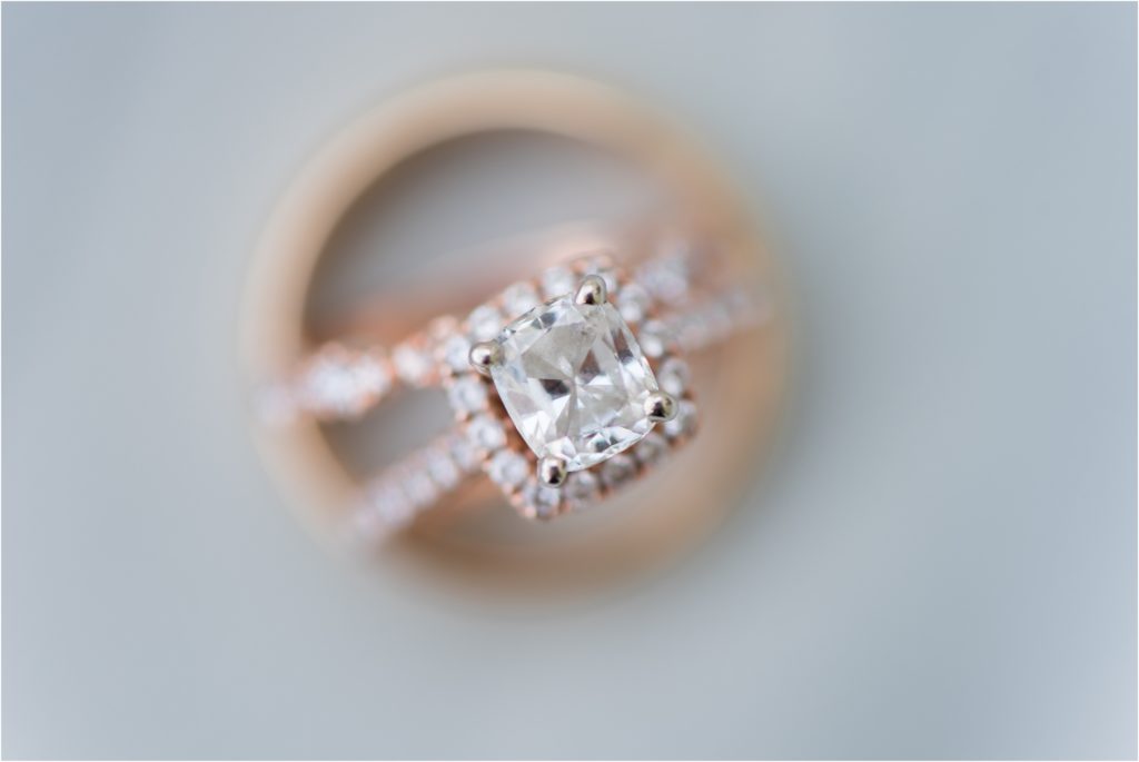 sparkly rose gold wedding and engagement ring