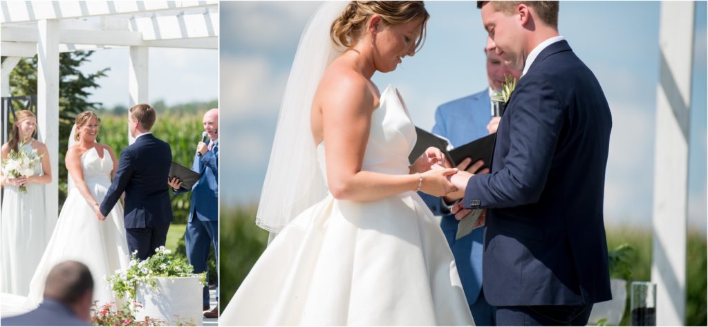 bride putting ring on groom's finger during the ceremony
