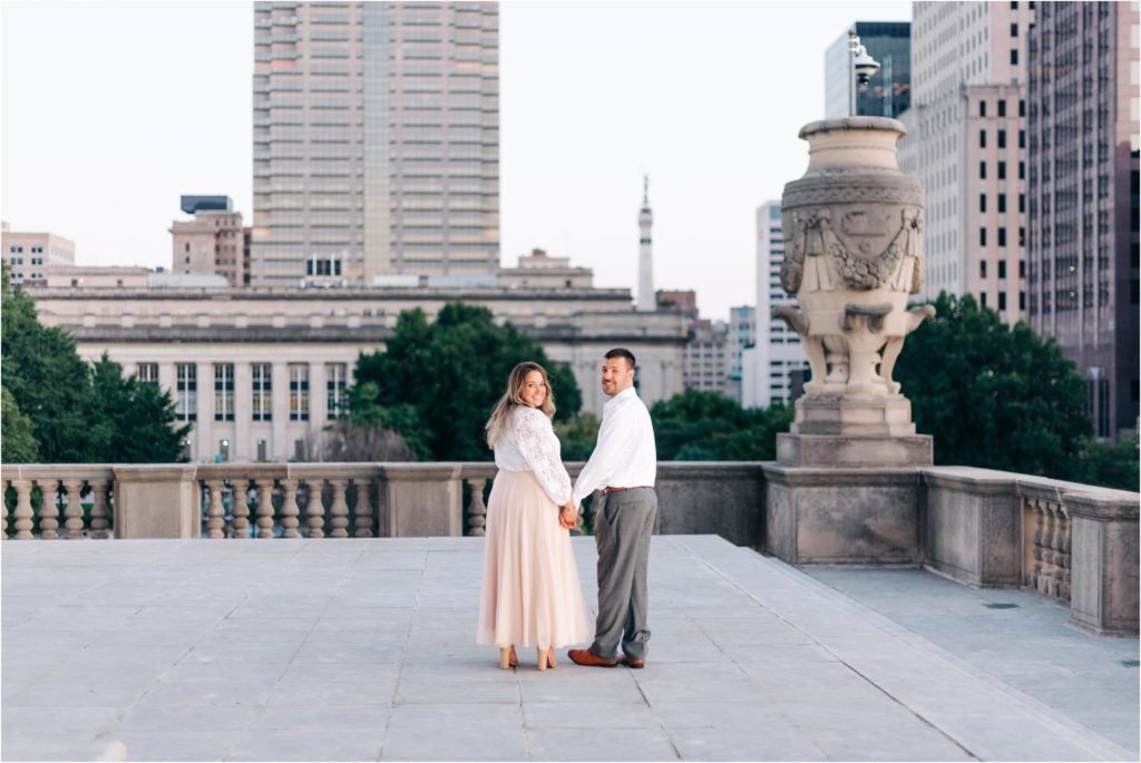 Couple at Indianapolis War Memorial for a beautiful Sunset Engagement Session