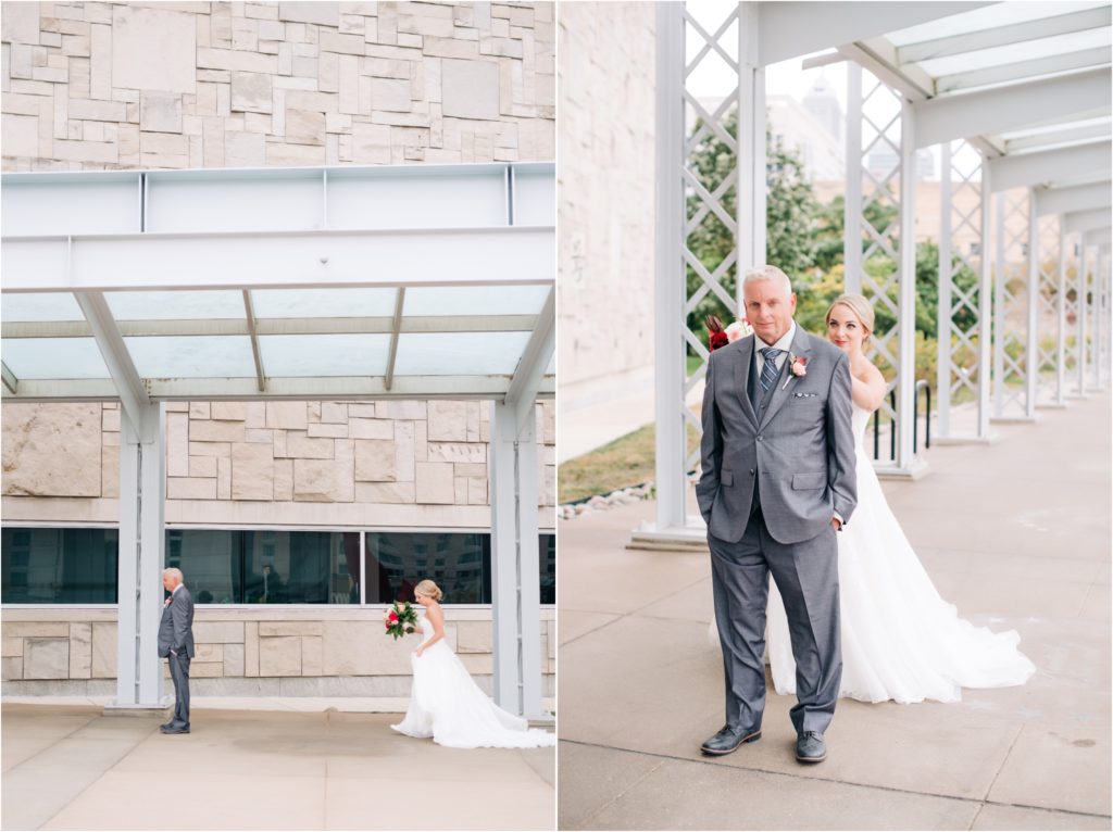 Emotional first look with Bride's father outside of the Indiana State Museum