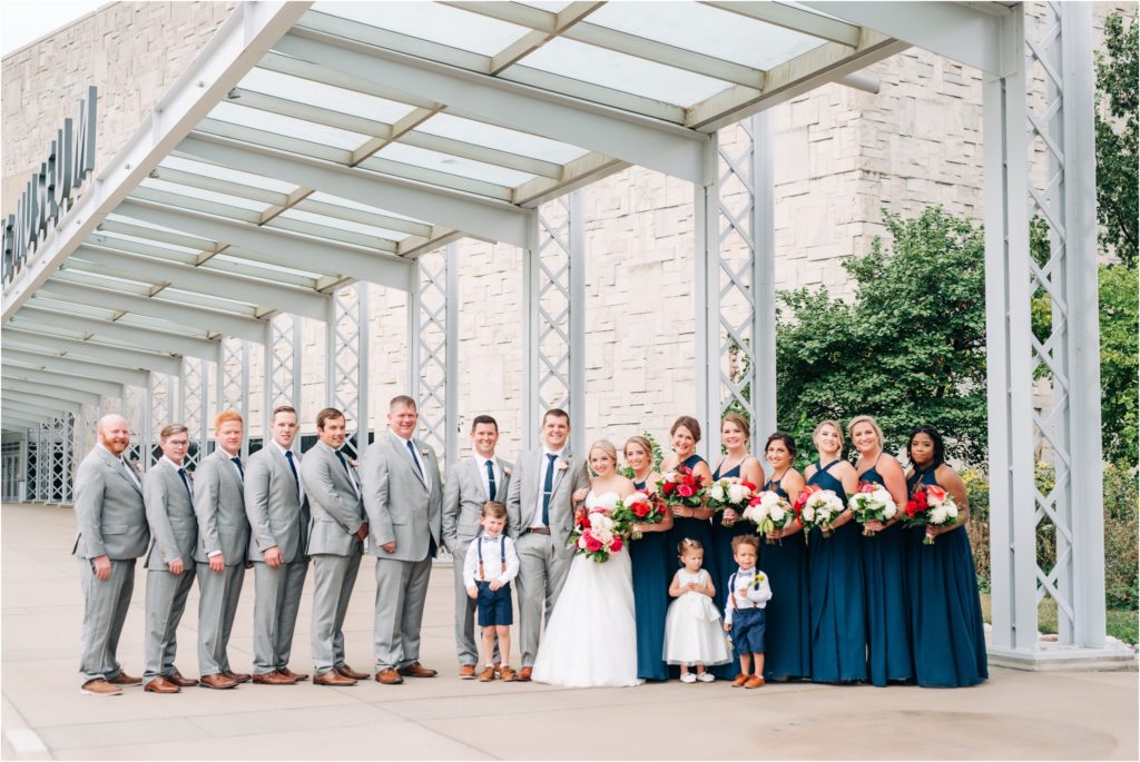 Timeless bridal party photo outside of The Indiana State Museum