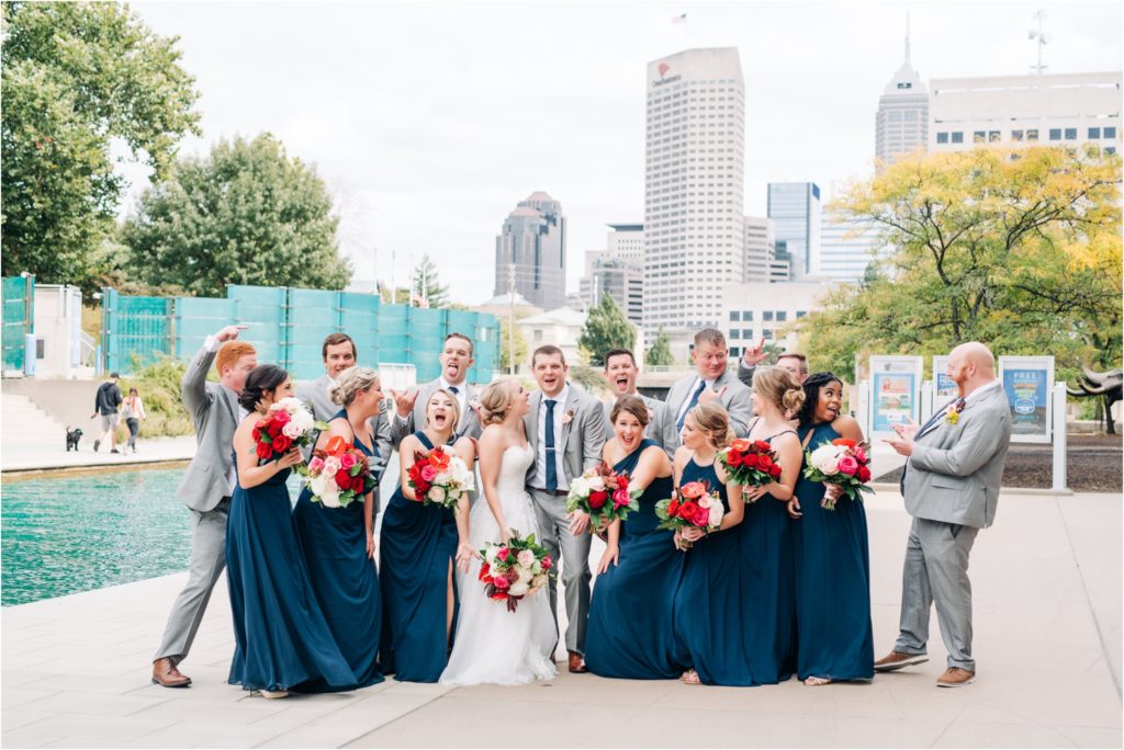A fun Bridal Party photo on the canal in Indianapolis