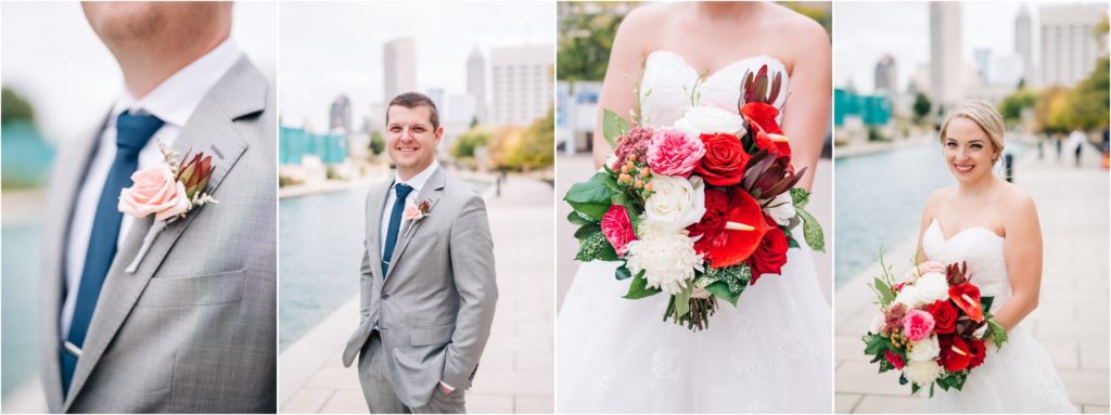 Bride and Groom bouquet and boutonniere details on the Canal in Indianapolis
