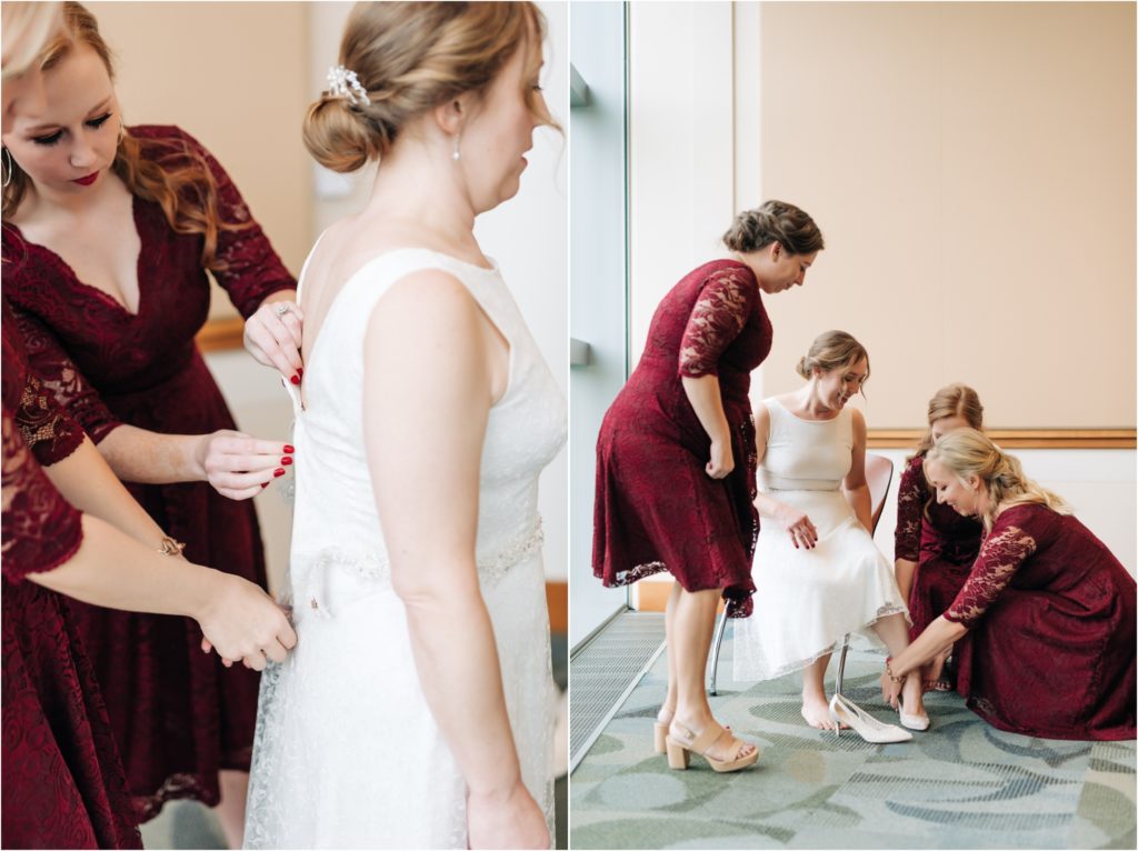 Simple bridal gown and lace maroon bridesmaid dresses