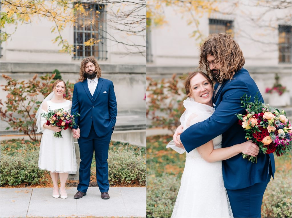 Bride and Groom portraits in the East Garden and the Indianapolis Central Library