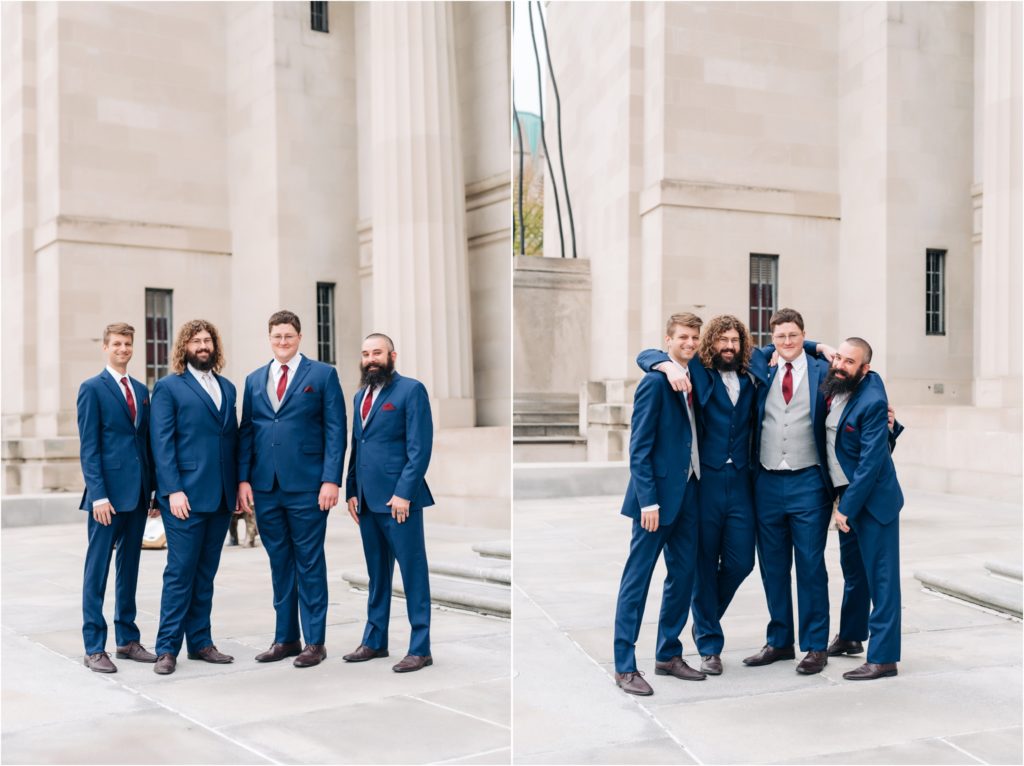 Groom and Groomsmen photos on the steps at the Central Library in downtown Indianapolis