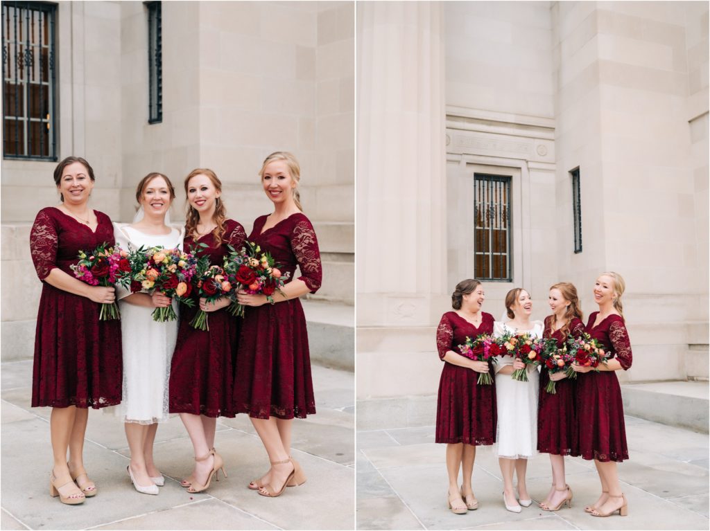 Bride and Bridesmaid photos on the steps at the Central Library in downtown Indianapolis