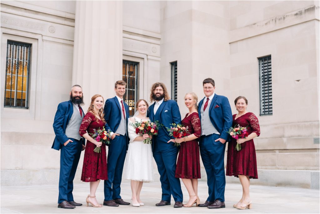 Bridal Party photos on the steps at the Central Library in downtown Indianapolis