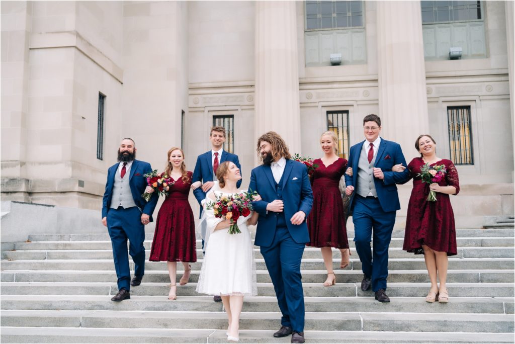 Bridal Party photos in front of the Central Library in downtown Indianapolis