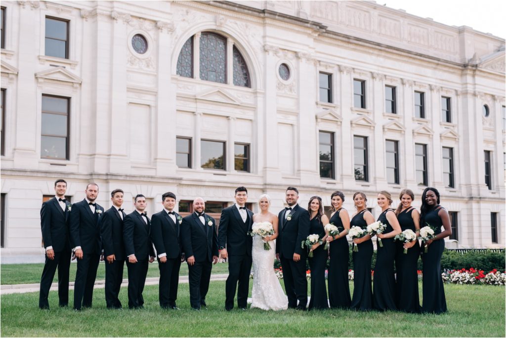 classic bridal party photo at the courthouse downtown fort wayne