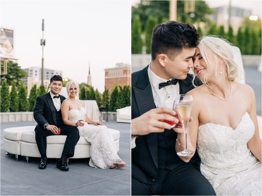 Bride and Groom portraits with drinks in the Elysean courtyard