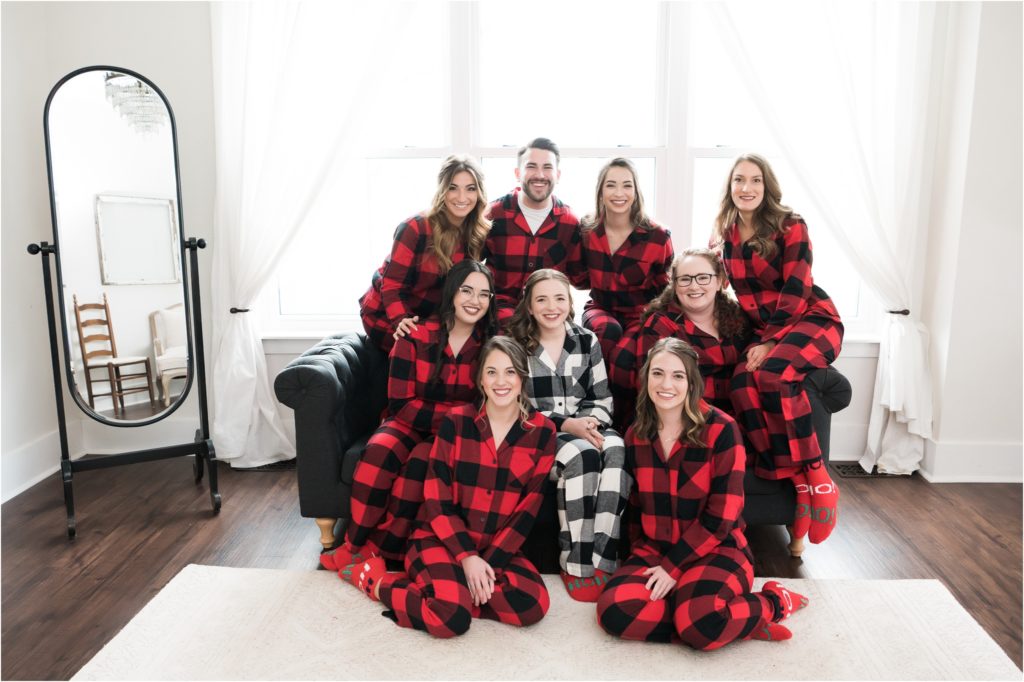 christmas pajamas for the wedding party at mustard seed gardens 