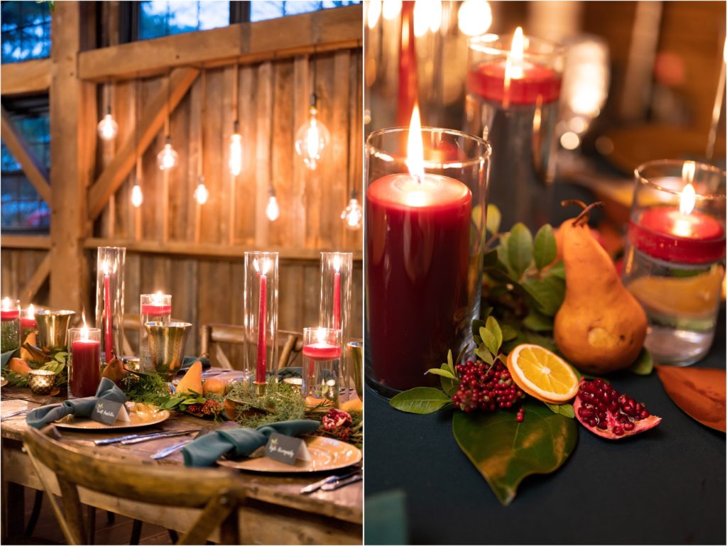 red candles for a christmas wedding at Mustard Seed Gardens and Boldly Chic Events