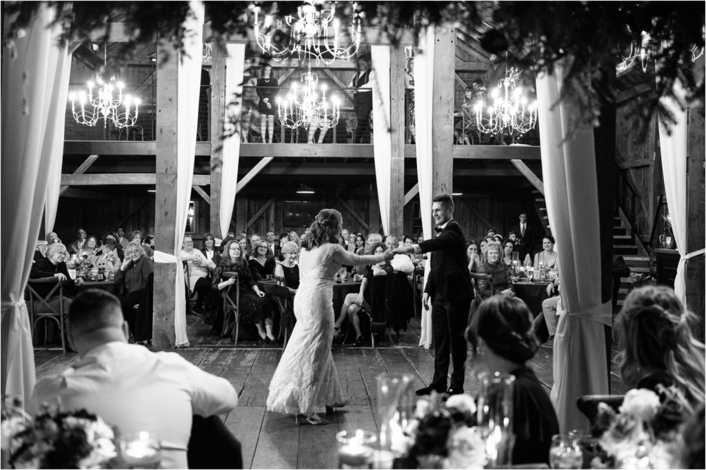 barn first dance at the reception stunning RK flowers