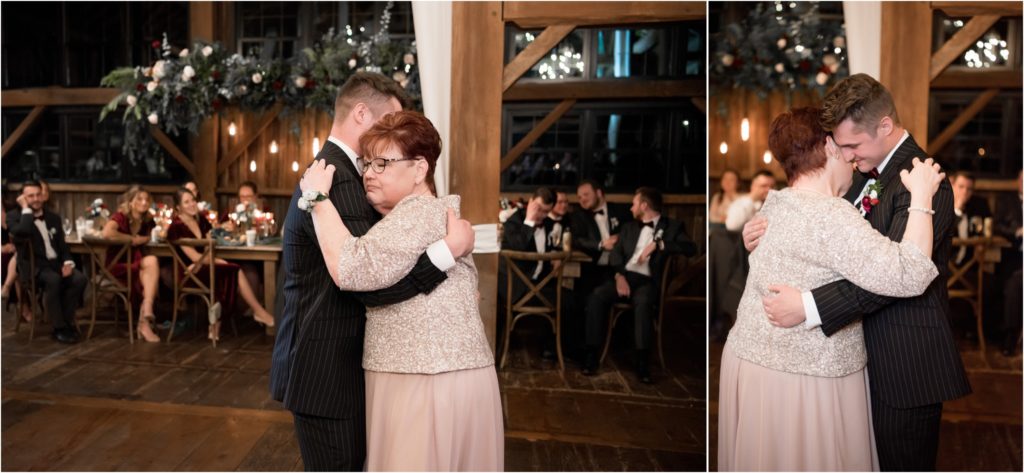 mother and son emotional reception dance in the barn