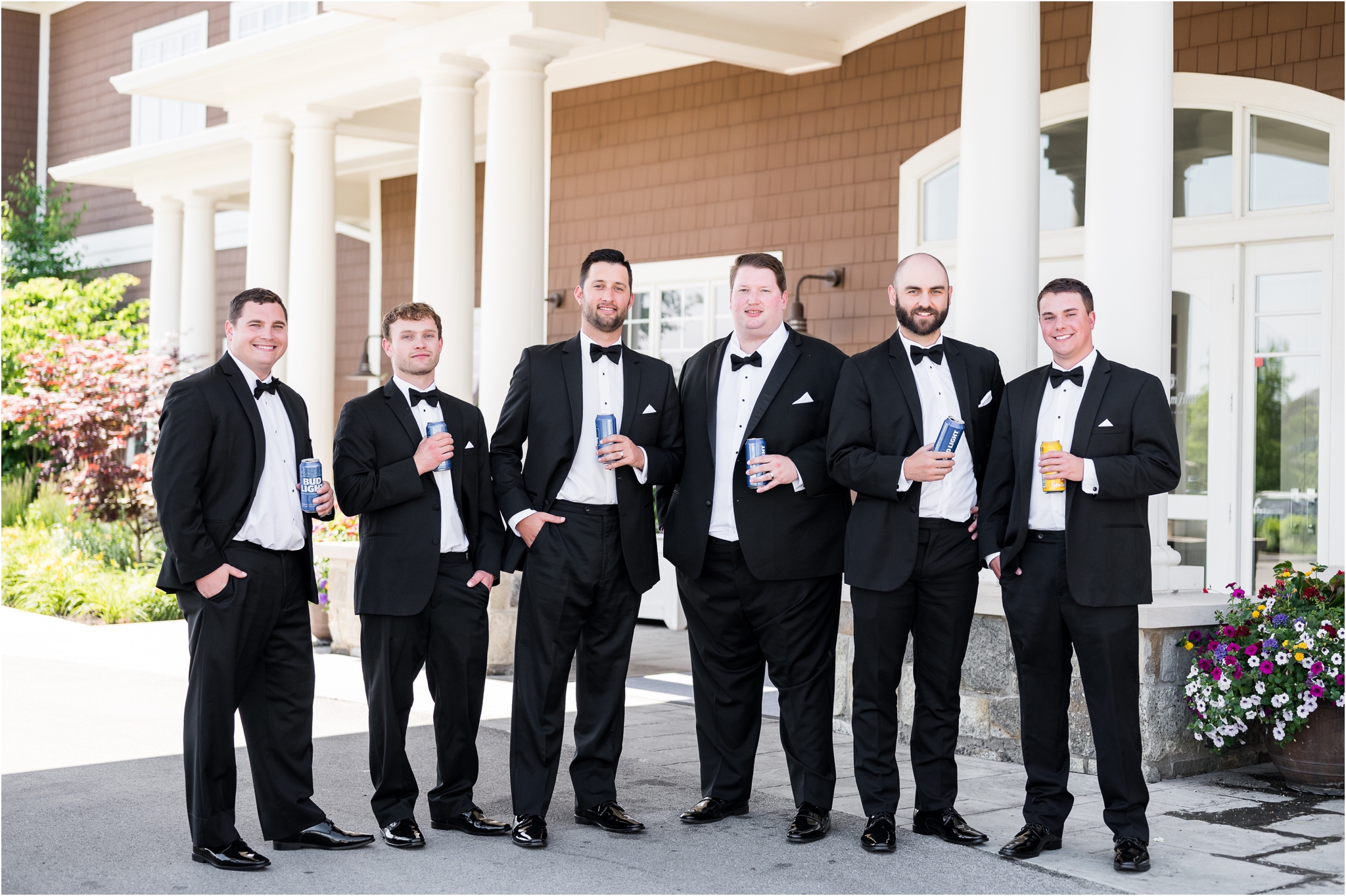 groom and groomsmen drinking a beer before the reception at chatham hills