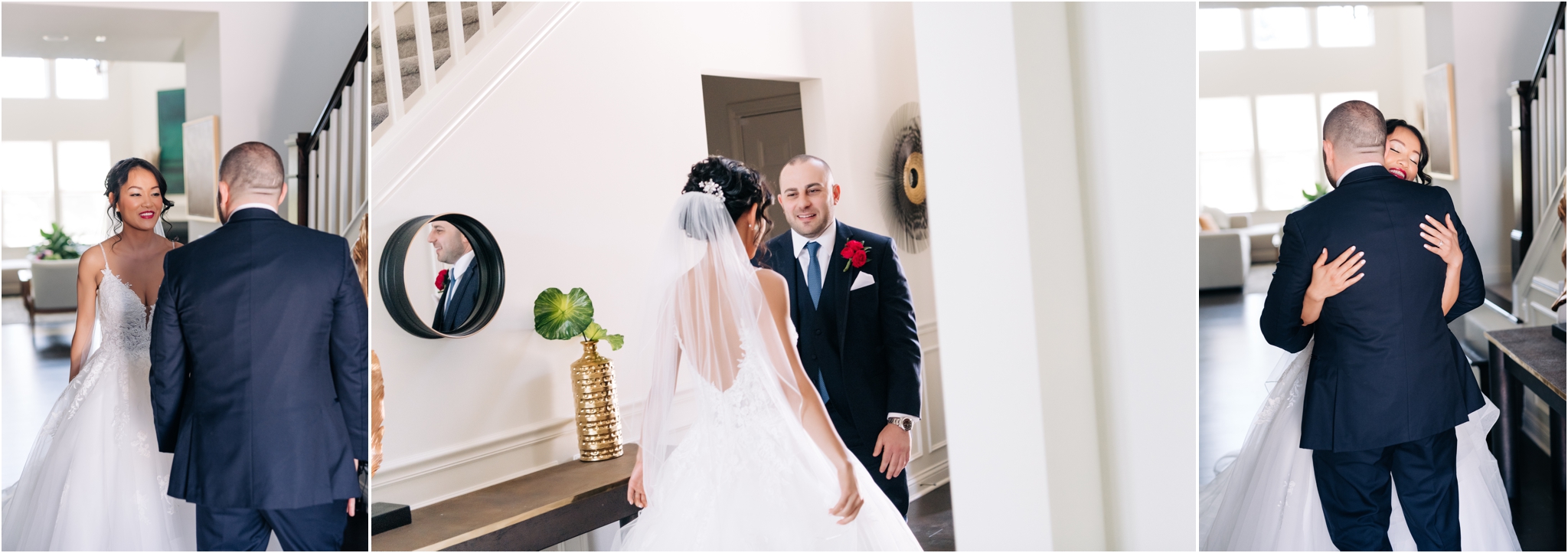 first look with bride and groom in carmel indiana at home