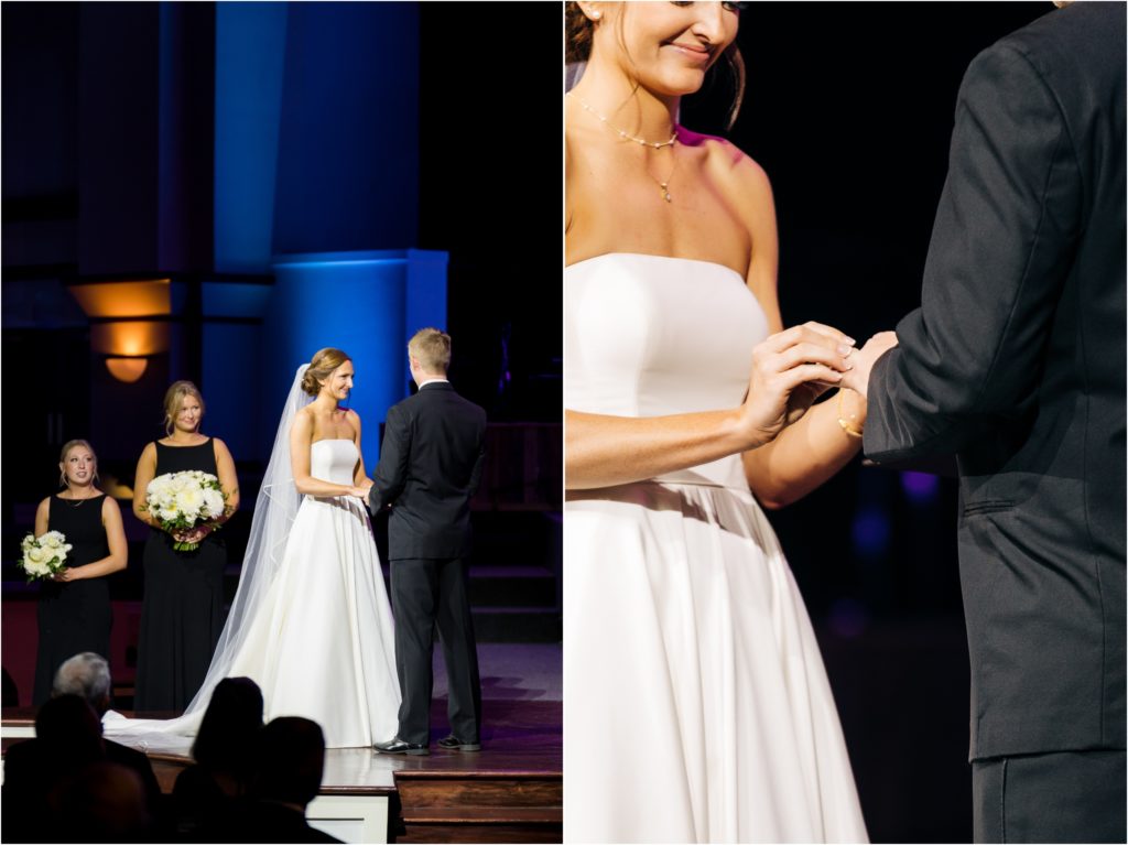 exchanging rings during their ceremony at the chapel