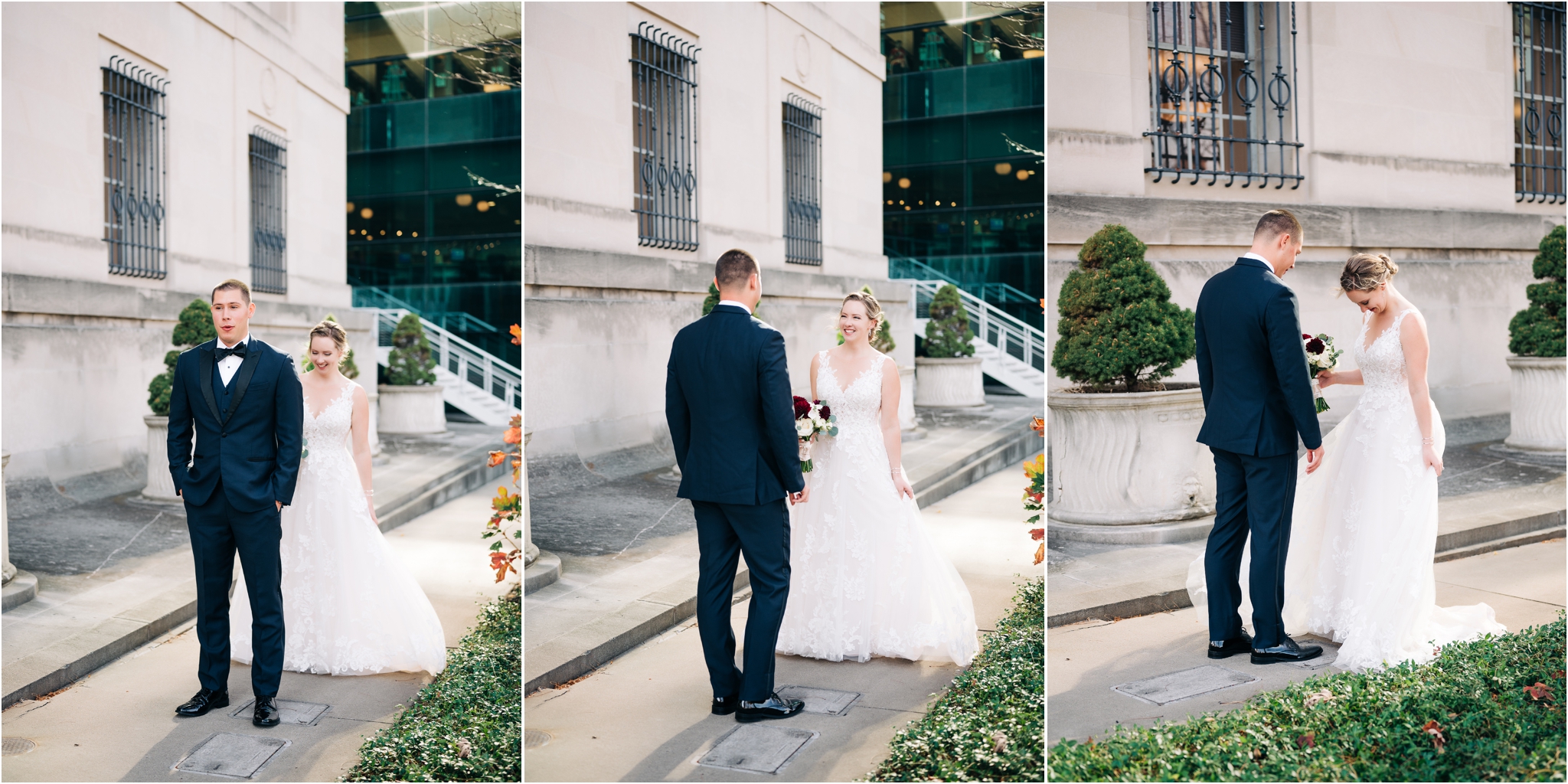 Bride and Groom First Look in the Gardens at the Indianapolis Central Library